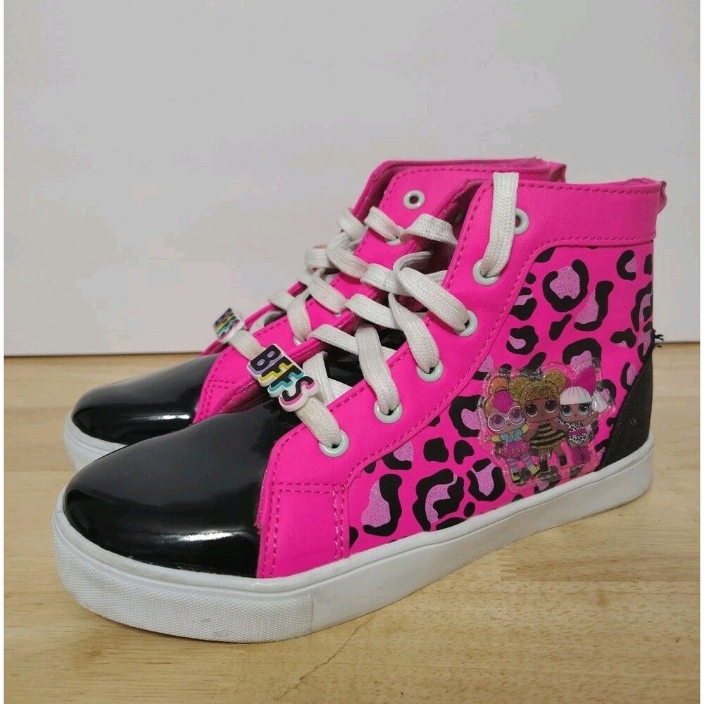 LOL Surprise Sneakers BFFS Size 4 Girls Hot Pink Leopard Print Black Toe Lace Up